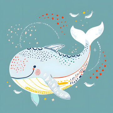 A colorful whale with a smiling face is shown in a blue background