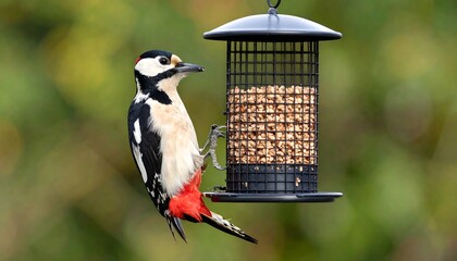 Great spotted woodpecker at bird feeder