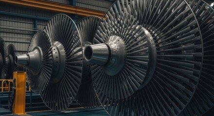 Close-up of industrial turbine blades.  Large, metallic turbine components, showing intricate blade designs, are in a factory setting