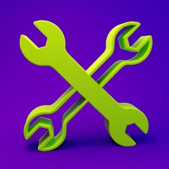 Green Wrench spanner icon isolated on purple-blue background. Spanner repair tool. Service tool symbol. Minimalism concept. 3D render illustration