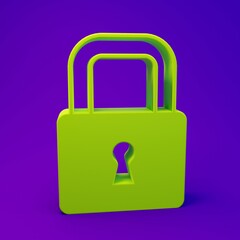 Green Lock icon isolated on purple-blue background. Padlock sign. Security, safety, protection, privacy concept. Minimalism concept. 3D render illustration