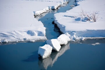 Frozen river channel with ice blocks