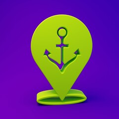 Green Map pointer with anchor icon isolated on purple-blue background. Minimalism concept. 3D render illustration