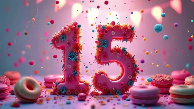 15th birthday celebration scene featuring pink floral number 15, heart-shaped lights, colorful confetti, and assorted sweets like macarons and donuts
