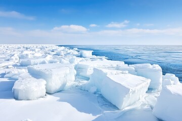 Frozen expanse of fractured ice cubes on a clear winter's day