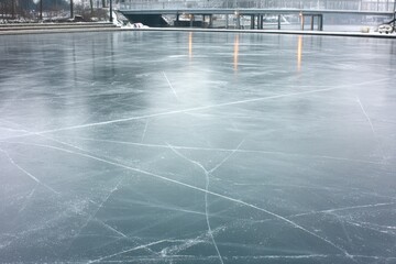 Frozen lake surface with cracks and city lights in the background
