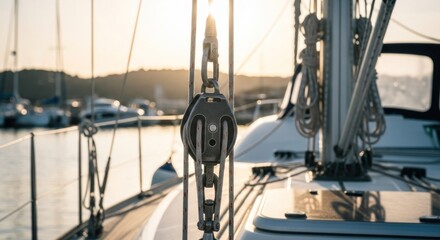Close-up of sailboat's rigging at sunset