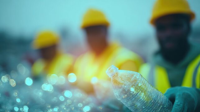 Workers recycling plastic bottles during a community clean-up event