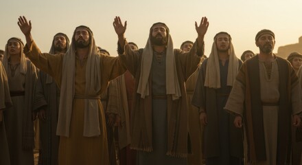 A group of men, possibly apostles, in ancient robes, stand with eyes closed and hands raised in prayer, symbolizing worship and evangelism.