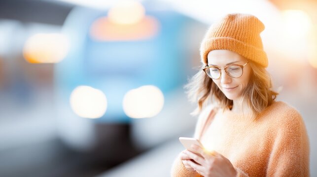 Young woman waiting at train station while using her smartphone in winter