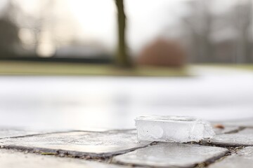 Frozen ice block on a paved walkway, winter scene