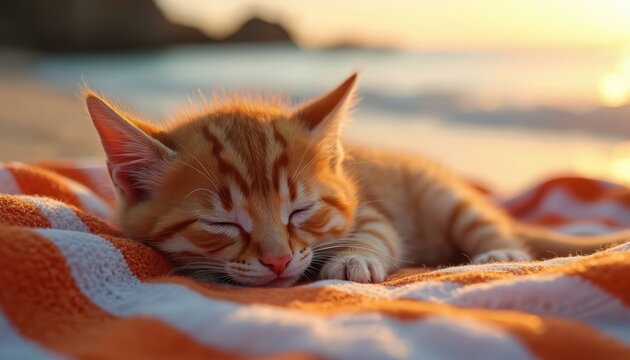 Ginger tabby kitten peacefully sleeps on striped blanket on beach at sunset. Soft fur, cute paws, closed eyes highlight adorable, cosy relaxation. Warm sunlight creates serene, idyllic atmosphere.