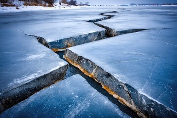 Fractured ice sheets on a frozen lake