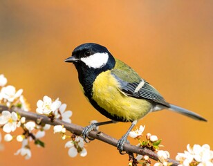 A bird perched on a branch with blossoms