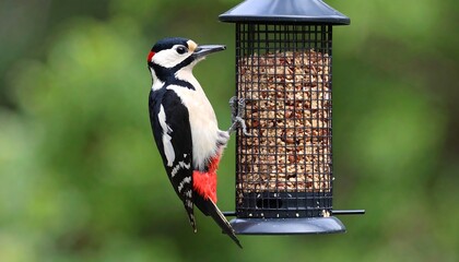 Great spotted woodpecker at a bird feeder
