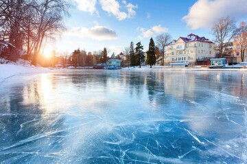 Frozen winter lake reflecting buildings