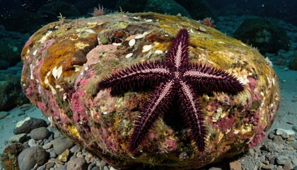 A purple starfish clings to a rock covered in colorful marine life in its natural habitat
