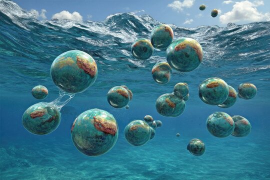 Many colorful spheres float in turquoise water, under a bright sky
