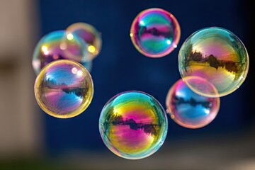 Colorful soap bubbles reflecting landscapes in a vibrant display
