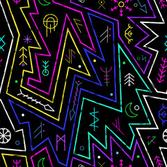 Neon runes. Geometric seamless pattern