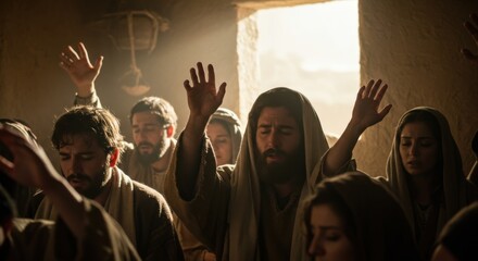 A diverse group of people, including men and women, praying with arms raised. Early Christian prayer concept for faith and spirituality.