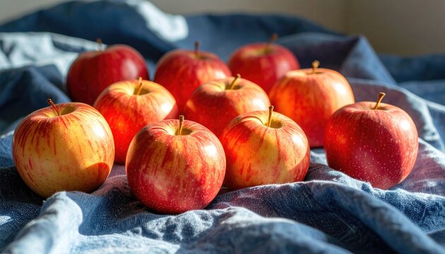 Fresh Red Apples Glistening On Blue Fabric With Soft Natural Light - Powered by Adobe