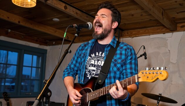 Passionate musician singing and playing guitar on stage during a live performance with band - Powered by Adobe