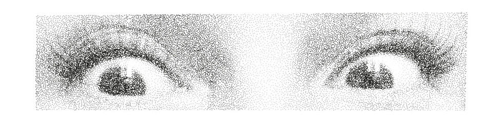 Retro halftone collage woman eyes with halftone stipple effect. Human eyes look down in fear. Vector illustration in vintage photocopy style for mixed media design. © Olga Tsikarishvili