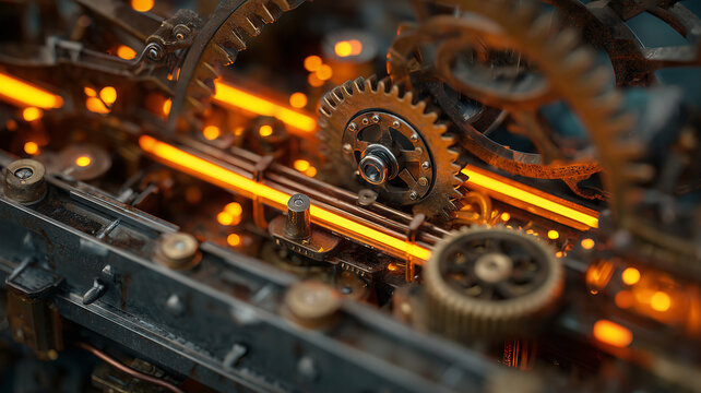 Intricate mechanical gears and glowing tubes - Powered by Adobe