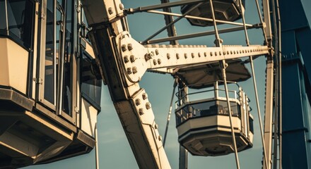 Close-up view of a Ferris wheel's support structure and passenger gondolas. Metal beams, white cabins, and a clear blue sky above