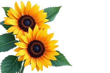 Fototapeta premium vibrant sunflowers with yellow petals and a brown center bloom. The sunflowers are in full bloom and capture the essence of summer, with lush green leaves and a cheerful appeal