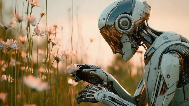 Robot sits among flowers during sunset, reflecting on life and existence in a serene landscape