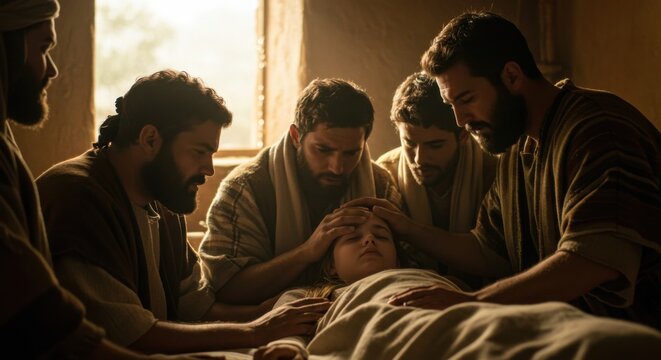 Jesus Christ healing the daughter of Jairus. Biblical scene with men laying hands on a sick girl. Gospel story of faith.