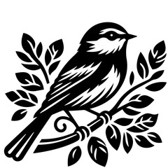 Black and white illustration of a bird perched on a branch surrounded by leaves in a detailed style
