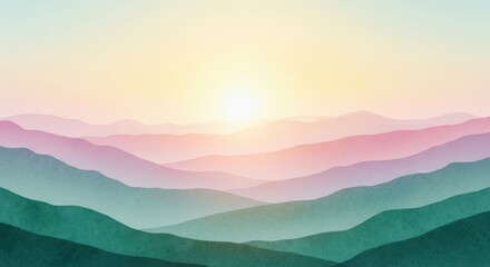 Obraz premium Serene watercolor mountain landscape at sunrise with soft pastel hues