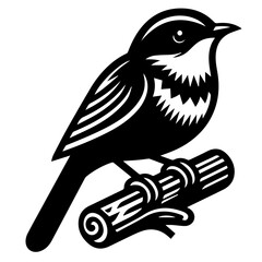 Illustration of a black bird with white chest perched on a stylized branch in a simple design style