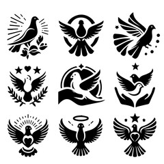 Collection of nine unique black and white dove or pigeon designs with varied decorative elements shown