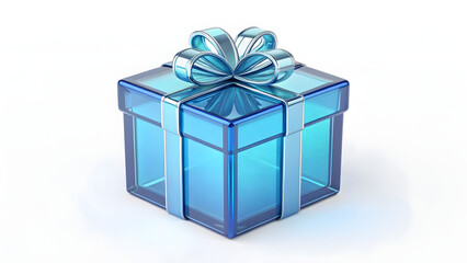 Obraz premium 3D blue glass gift box with shiny ribbon and bow isolated on white background for festive celebration and digital design