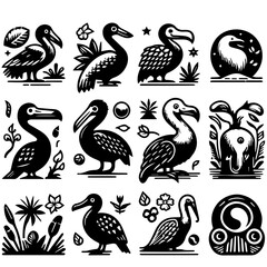 Collection of stylized birds and botanical elements in black and white vector illustration art design