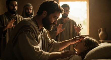 Obraz premium Jesus Christ performs a miracle healing of Jairus daughter. Biblical scene, Christian concept and Gospel representation.