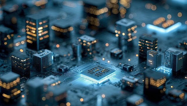 A city built on a circuit board.  Modern skyscrapers, glowing blue light, and intricate connections create a futuristic cityscape nestled on a complex network of electronic components
