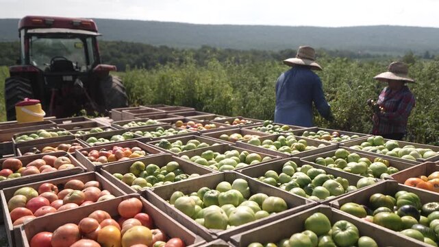 Workers are handpicking ripe tomatoes from the field and carefully loading them into wooden crates on a tractor under the sun.