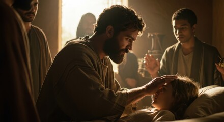 Man touching head of young girl to heal her, christian prayer and biblical times scene. Ancient faith concept for religious narrative.