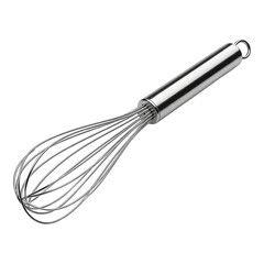 Stainless steel whisk with polished handle isolated on white background, ideal for blending eggs or batter