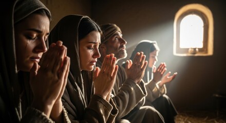A group of early Christians deep in prayer, hands clasped, with a woman crying tears of faith. Biblical times and Pentecost concept for religious themes.