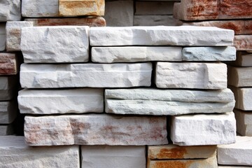 Obraz premium Close-up of stacked, patterned, light colored bricks