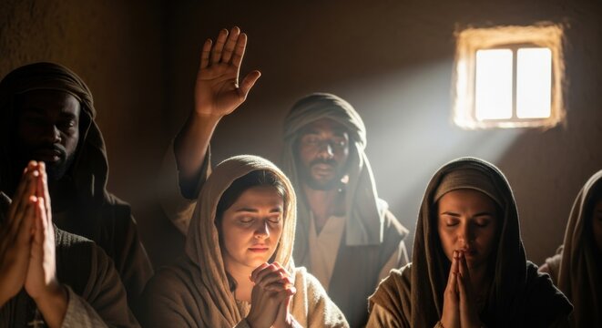 Early Christians praying together in a room with a ray of light, symbolizing faith and spiritual connection. Pentecost scene. - Powered by Adobe