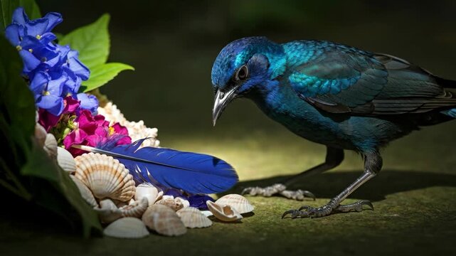 A striking iridescent starling stands in a charming scene of blooms and shells, Captured moment of a stellar starling amidst nature's beauty and a collection of seashells