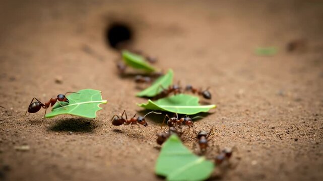 Leafcutter Ants: Teamwork and Nature's Tiny Farmers, Ants Carrying Leaf Pieces Back to Their Colony, a Marvel of Nature