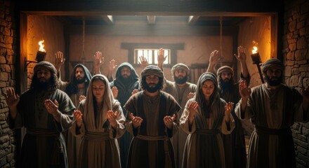 Religious men and women praying with raised hands in ancient setting. First Christians prayer, biblical times and Pentecost concept.